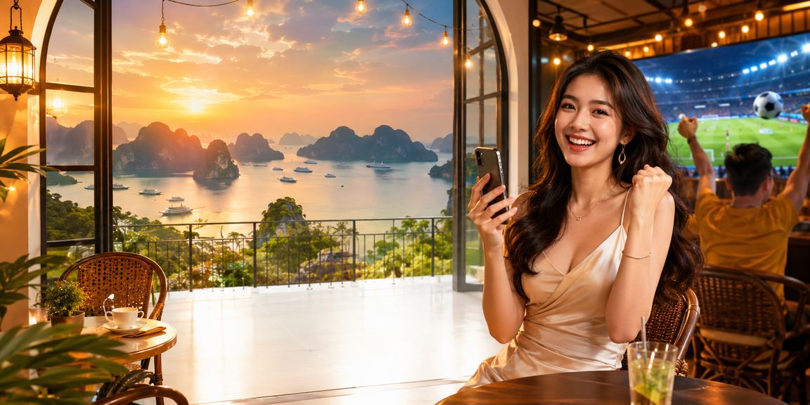 Vịnh Hạ Long trong xanh buổi sáng khi người chơi thư giãn với cà phê và truy cập nền tảng trên điện thoại