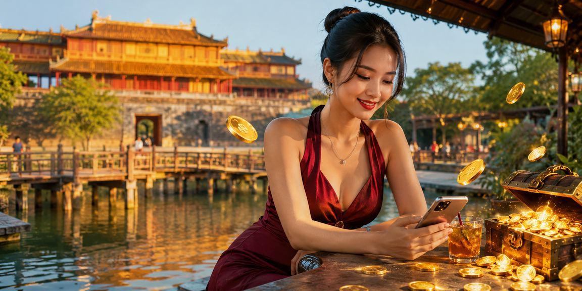 Cô gái tại Huế đang chơi casino trên điện thoại di động và kiểm tra giải Jackpot