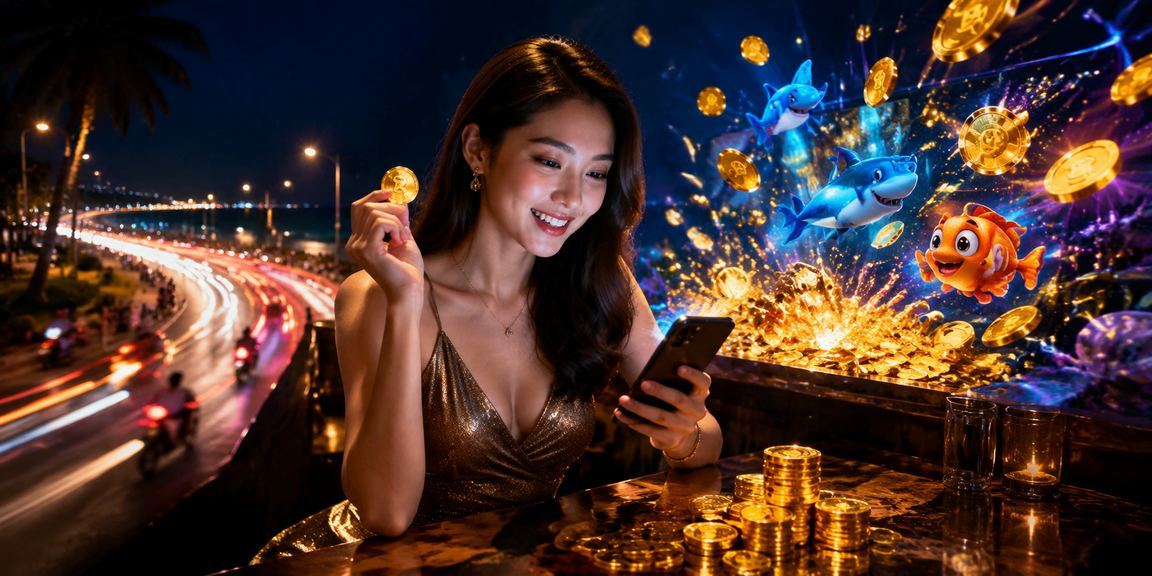 Khung cảnh bãi biển Mũi Né, nơi người chơi kiểm tra giao dịch tài chính trên điện thoại